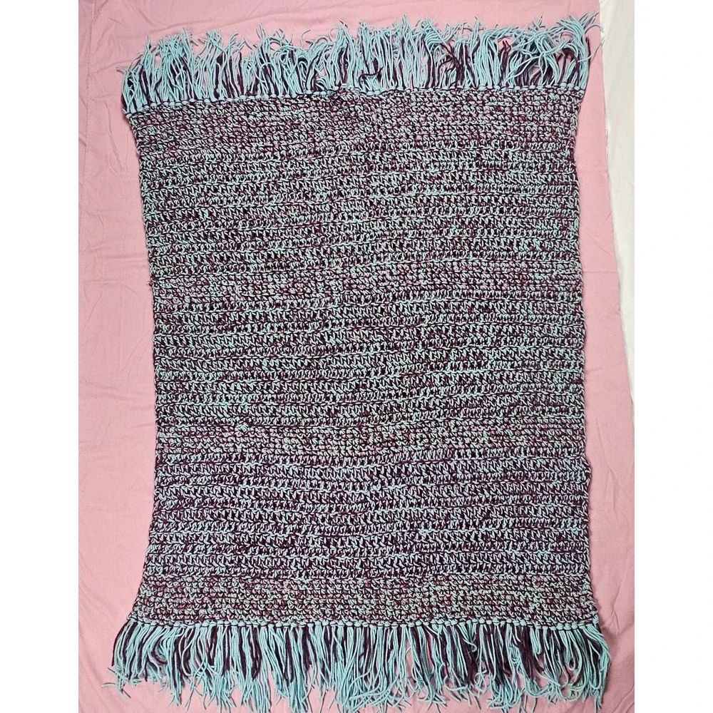 Handmade Crochet Blanket Throw Burgundy‎ Teal Fringe Cozy Afghan Home Decor Gift